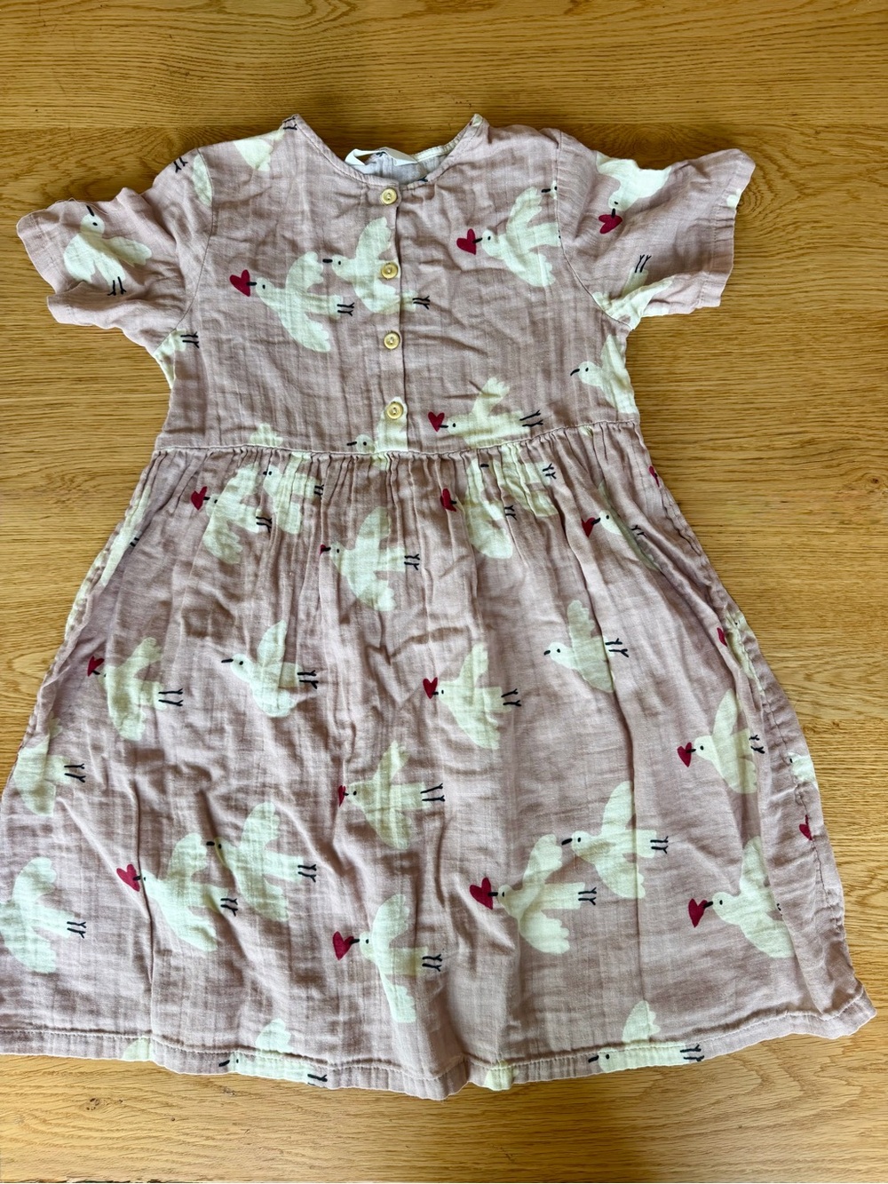 H&M Pink Cotton Muslin Dress Button Front Dove and Heart Print!
